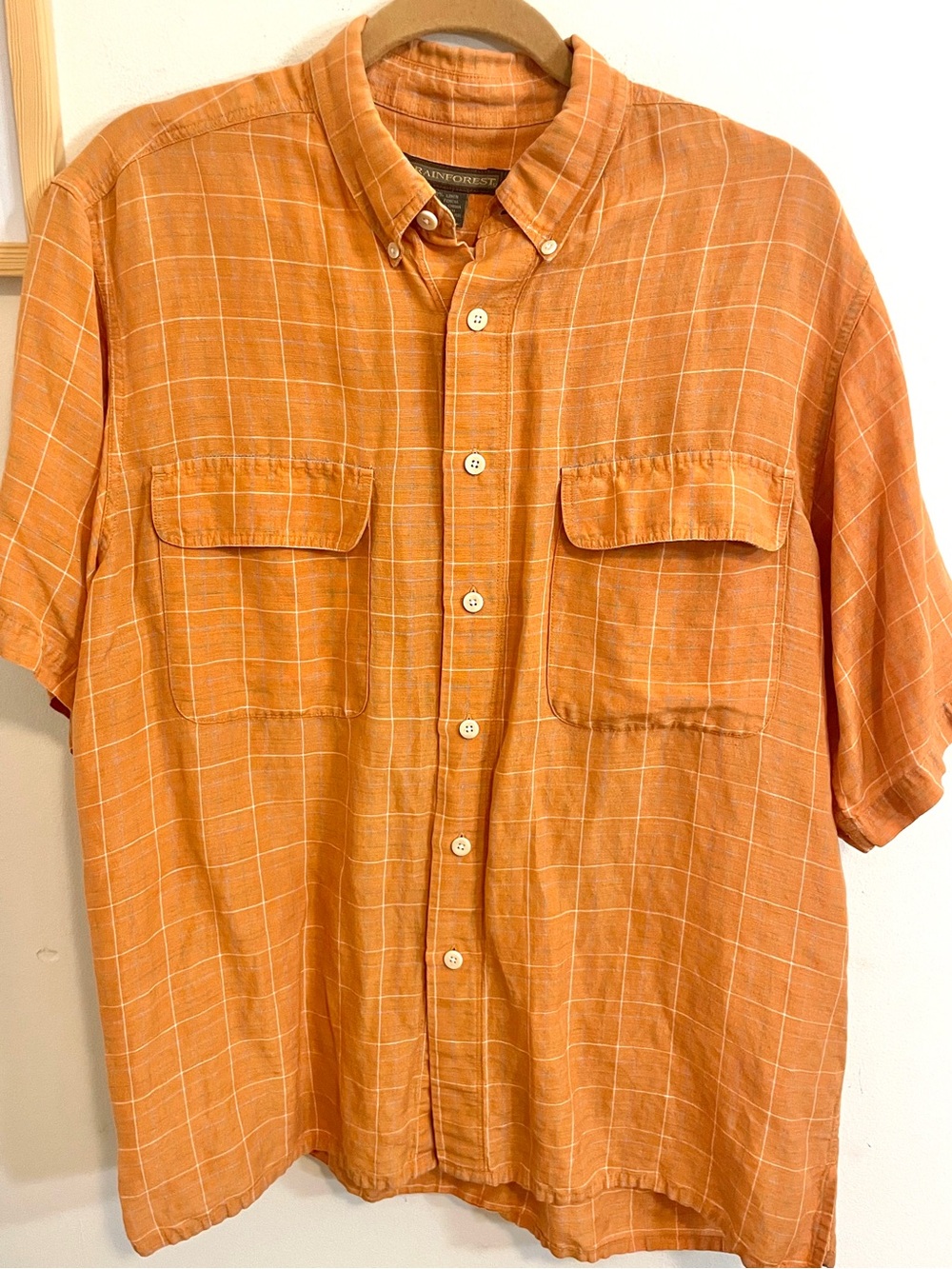 Rainforest Linen Blend Button Front Orange Plaid Short Sleeve Camp Shirt